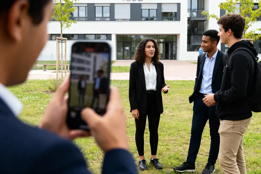 Un groupe de jeunes discutent en plein air, photographiés par une personne avec un smartphone.
