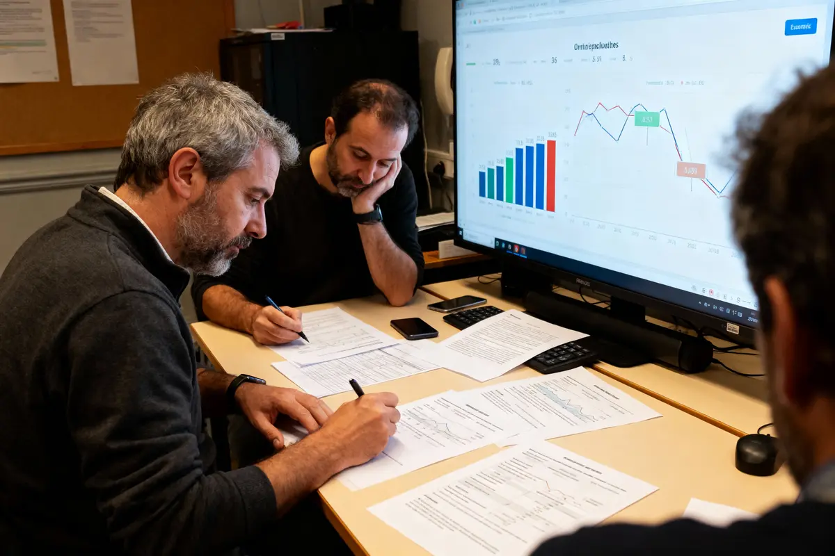 Trois personnes analysent des graphiques et documents financiers à un bureau, concentrées sur un écran d'ordinateur.