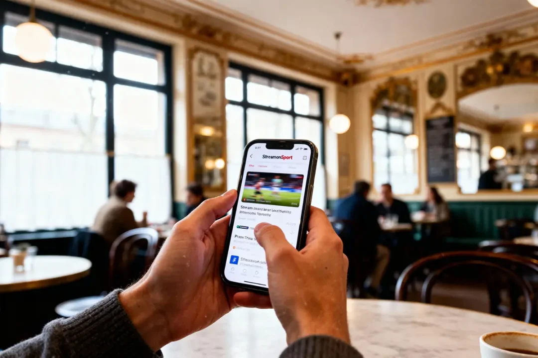 Personne utilisant un smartphone dans un café élégant, lisant du contenu en ligne avec des personnes en arrière-plan flou.