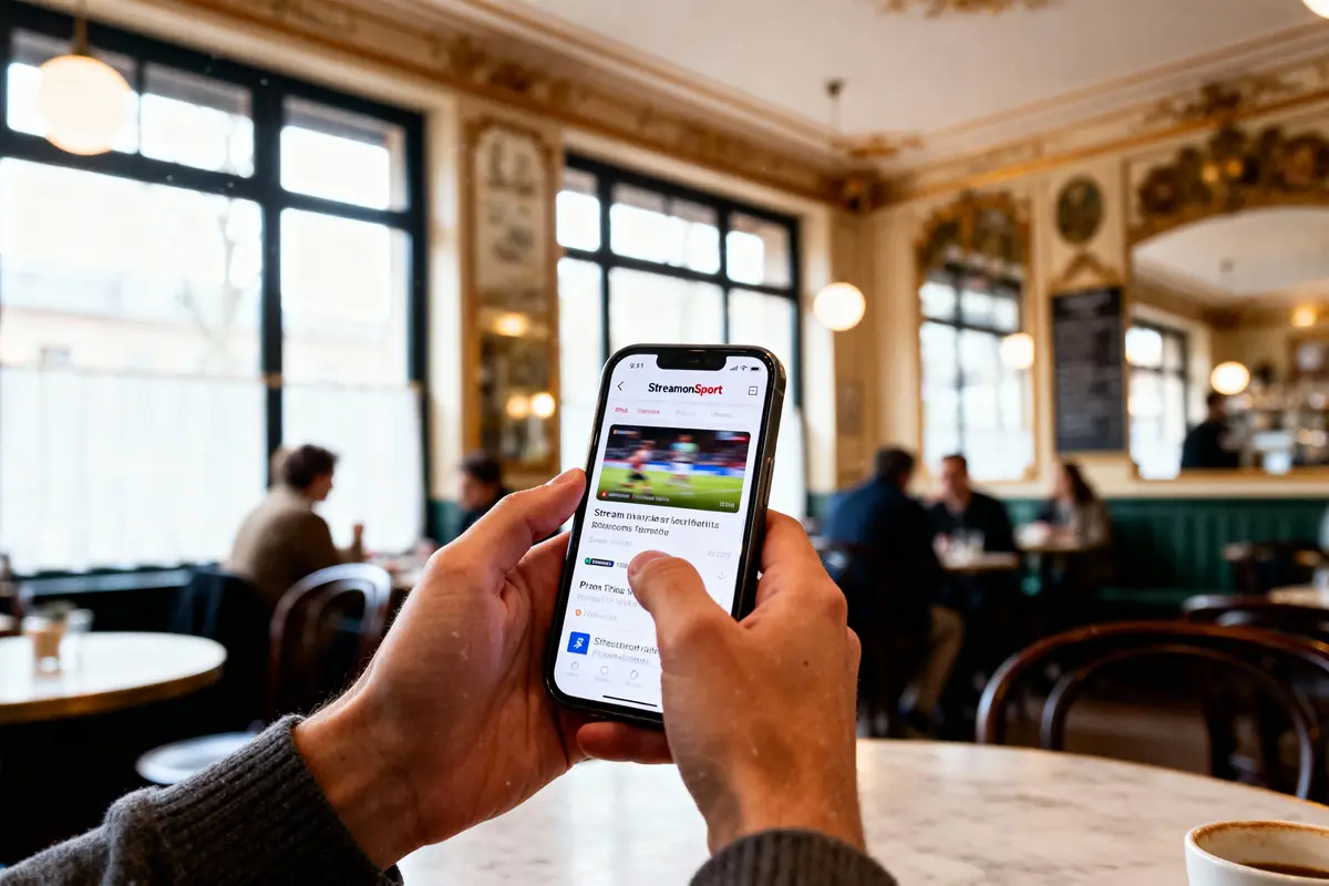 Personne utilisant un smartphone dans un café élégant, lisant du contenu en ligne avec des personnes en arrière-plan flou.