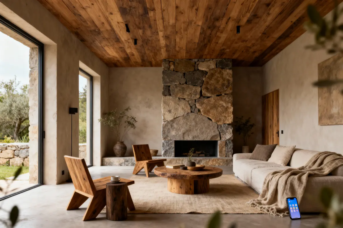 Salon moderne avec cheminée en pierres, plafond en bois, mobilier rustique, grandes fenêtres, canapé beige et smartphone au sol.
