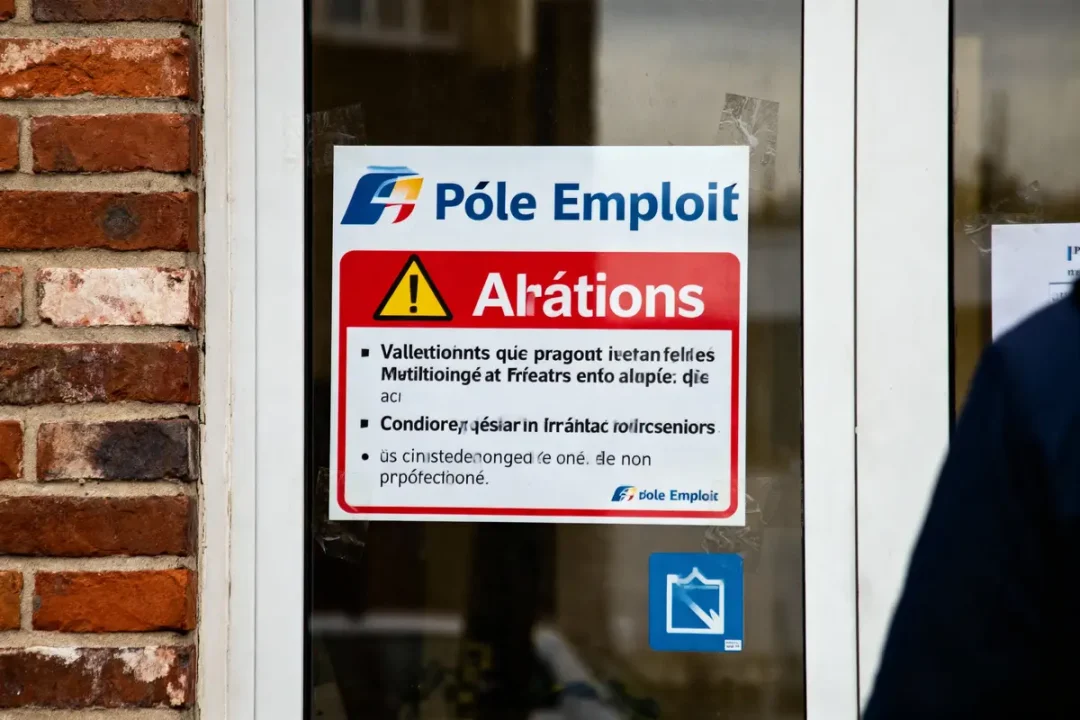 Affiche d’alerte avec texte illisible devant une porte en verre, logo Pôle Emploi visible.