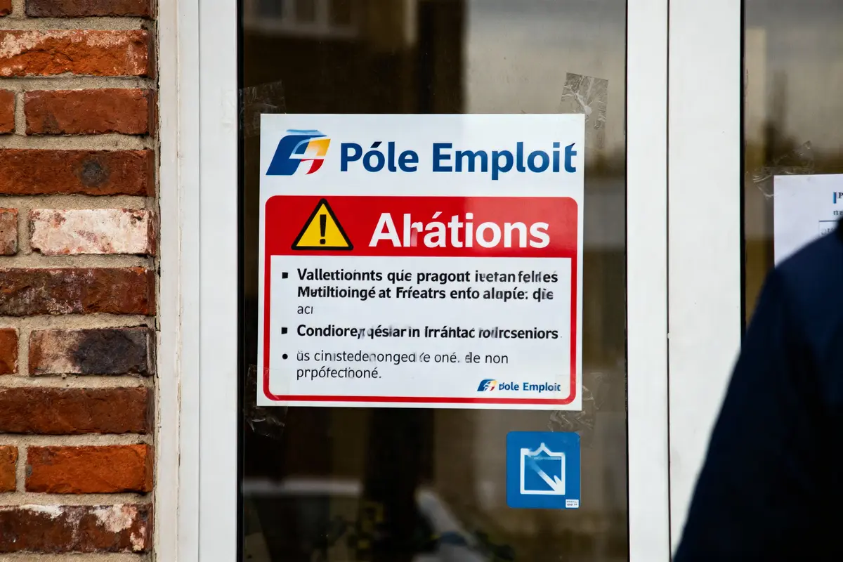 Affiche d’alerte avec texte illisible devant une porte en verre, logo Pôle Emploi visible.