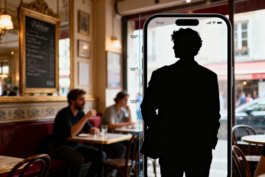 Silhouette d'homme dans un café, vue à travers un écran de smartphone avec des personnes floues en arrière-plan.