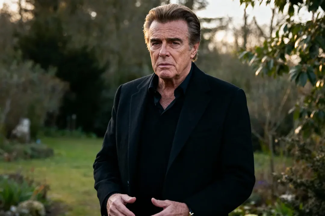Homme en manteau noir debout dans un jardin, expression sérieuse, arbres en arrière-plan.