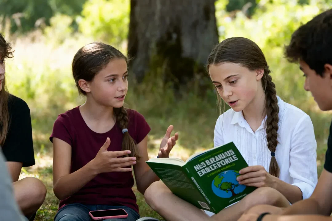 Enfants discutant sous un arbre, lisant un livre sur l'environnement, en plein air par une journée ensoleillée.