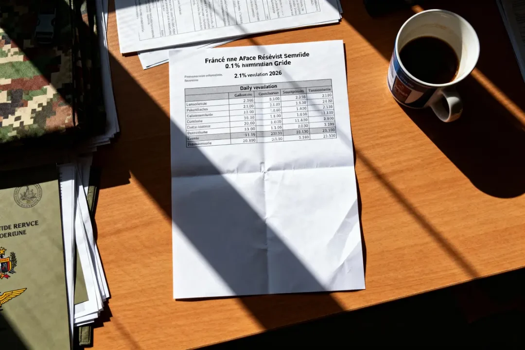 Feuille imprimée sur un bureau, lumière matinale, avec tasse de café et chemise de camouflage à gauche.