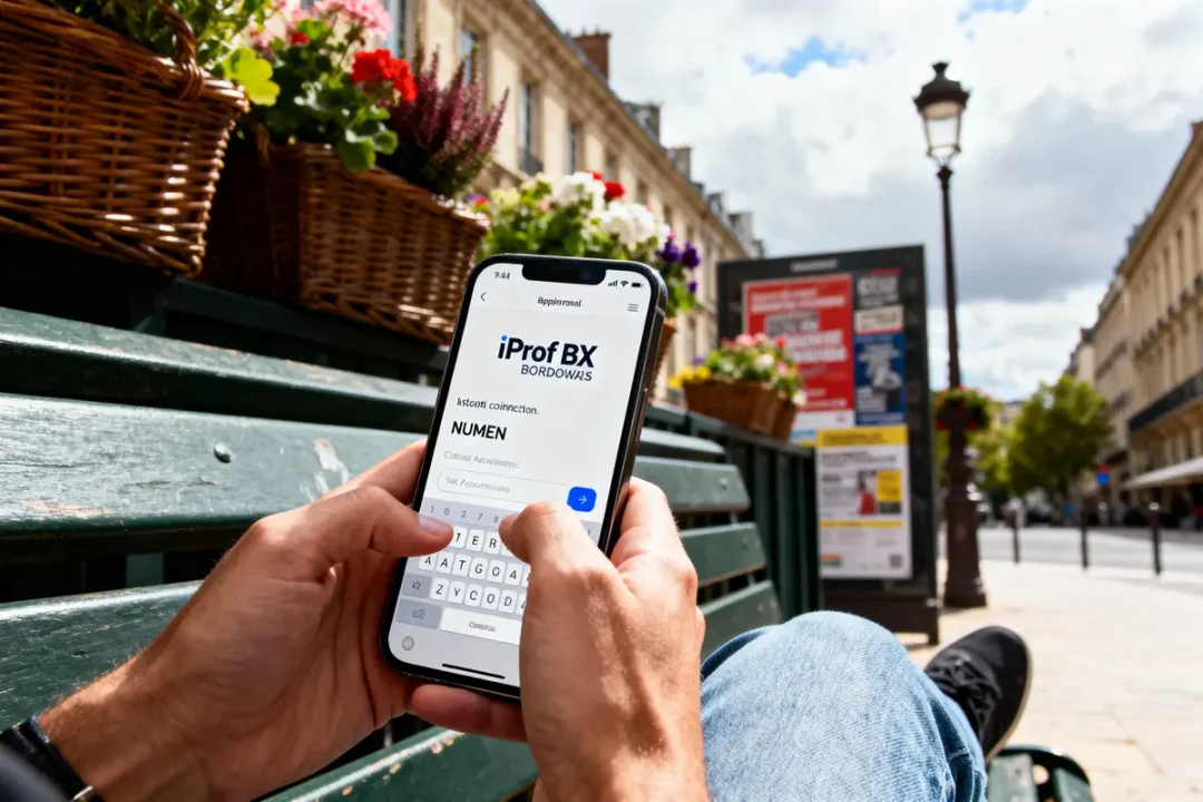 Homme utilisant un smartphone sur un banc, baskets et fleurs, rue urbaine ensoleillée en arrière-plan.