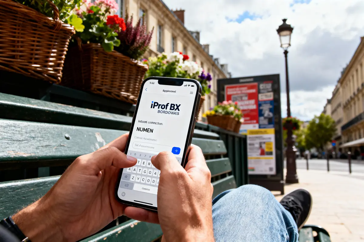 Homme utilisant un smartphone sur un banc, baskets et fleurs, rue urbaine ensoleillée en arrière-plan.