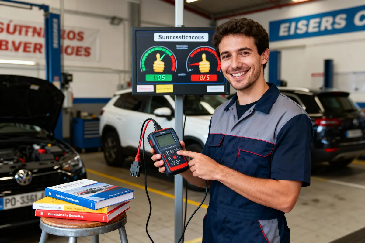 Mécanicien souriant utilisant un appareil de diagnostic dans un garage, avec livres et écran de réussite en arrière-plan.