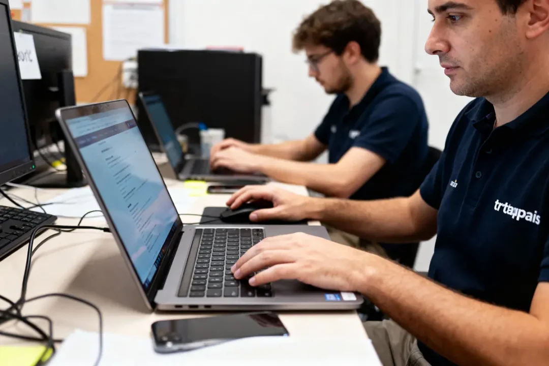 Deux hommes travaillant sur des ordinateurs portables dans un bureau, concentrés et portant des polos bleus.