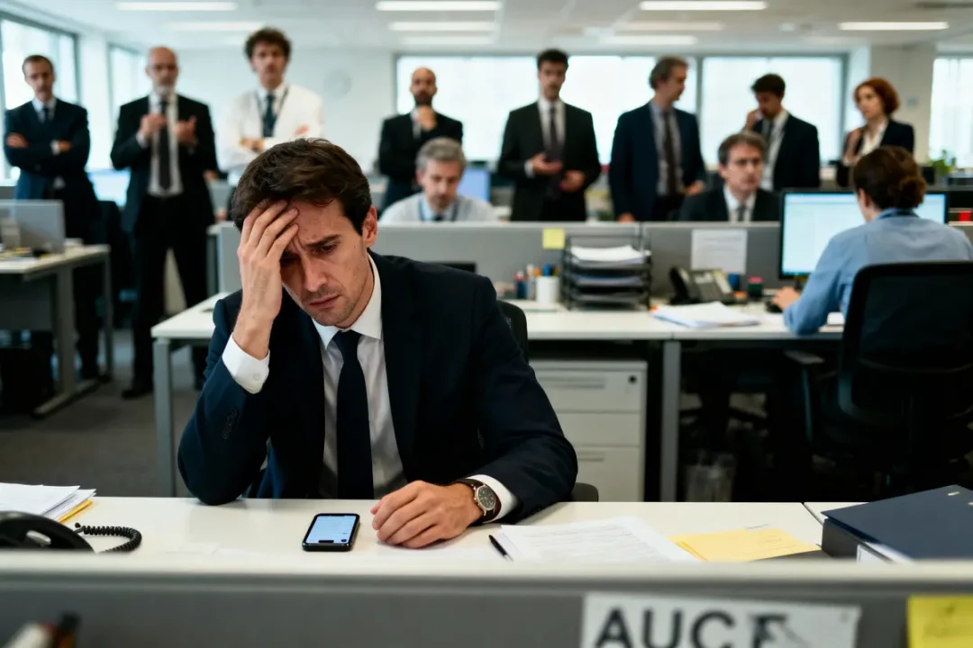 Homme en costume, stressé au bureau, entouré de collègues, regardant son téléphone, main sur le front.