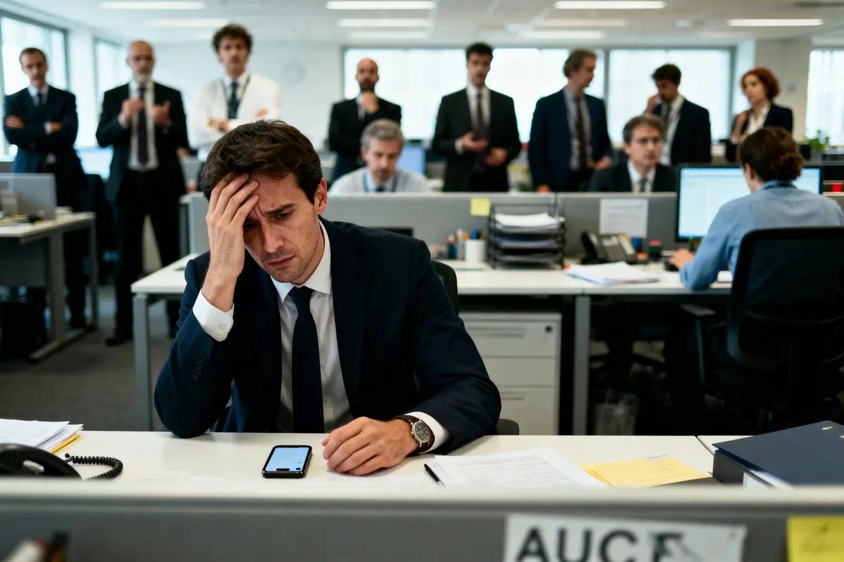 Homme en costume, stressé au bureau, entouré de collègues, regardant son téléphone, main sur le front.
