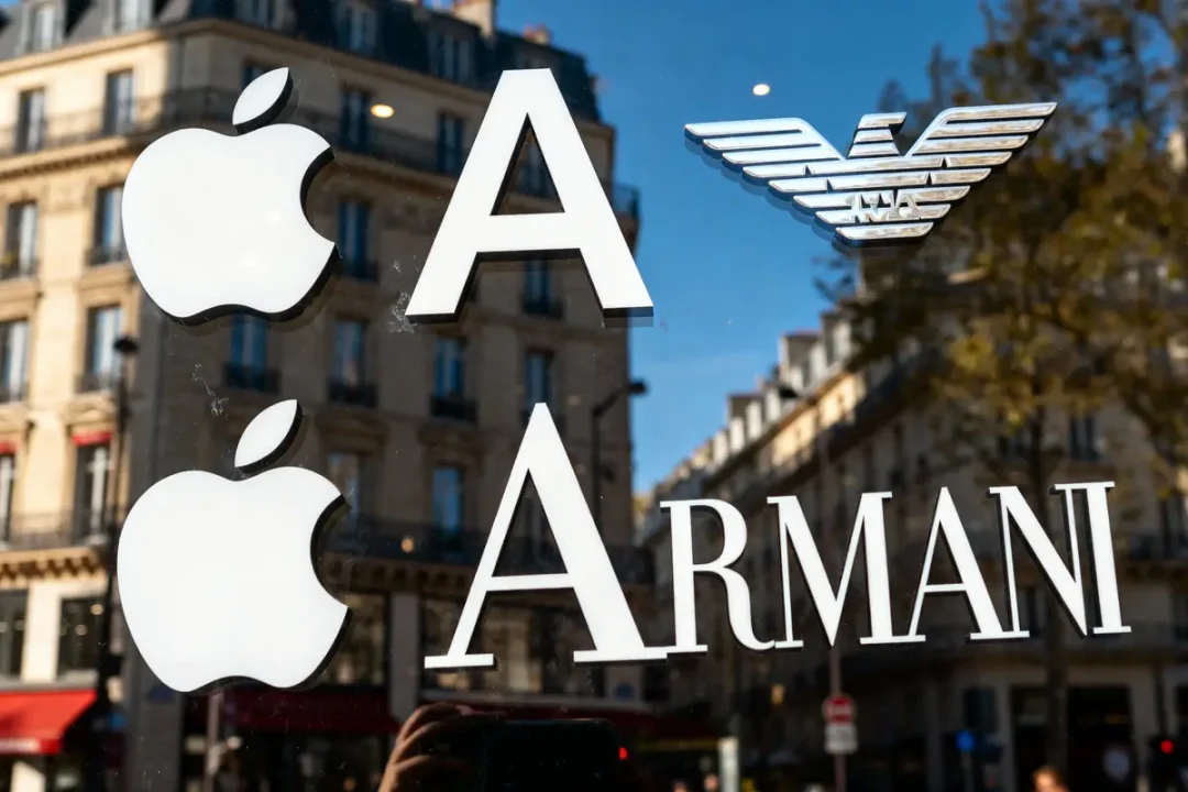 Logos Apple et Armani sur vitrine, reflet de bâtiments en arrière-plan.