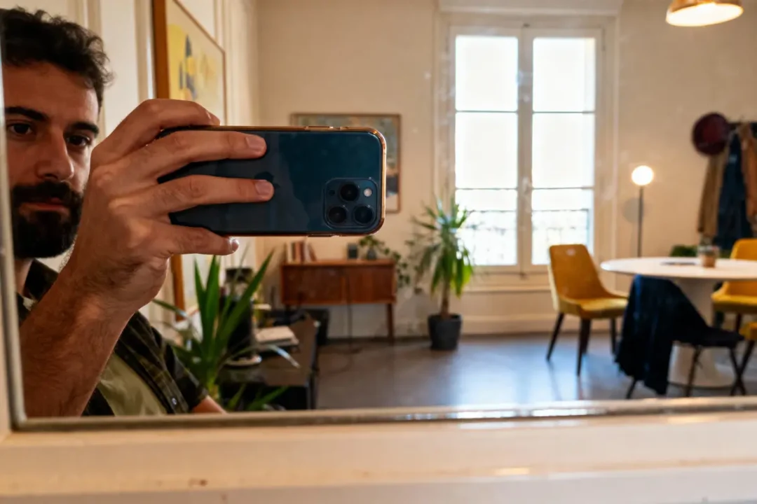 Un homme prend un selfie dans un miroir, intérieur lumineux avec plantes et mobilier moderne.