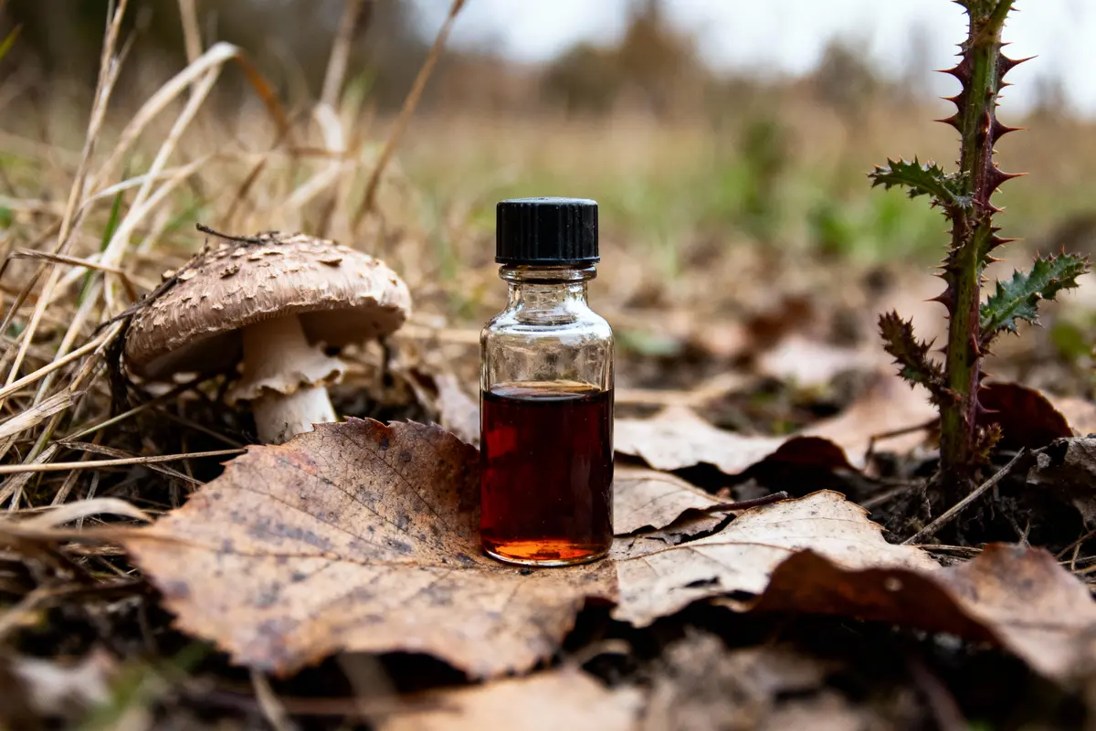 Bouteille de liquide ambré sur feuilles mortes, à côté d'un champignon et d'une plante épineuse.