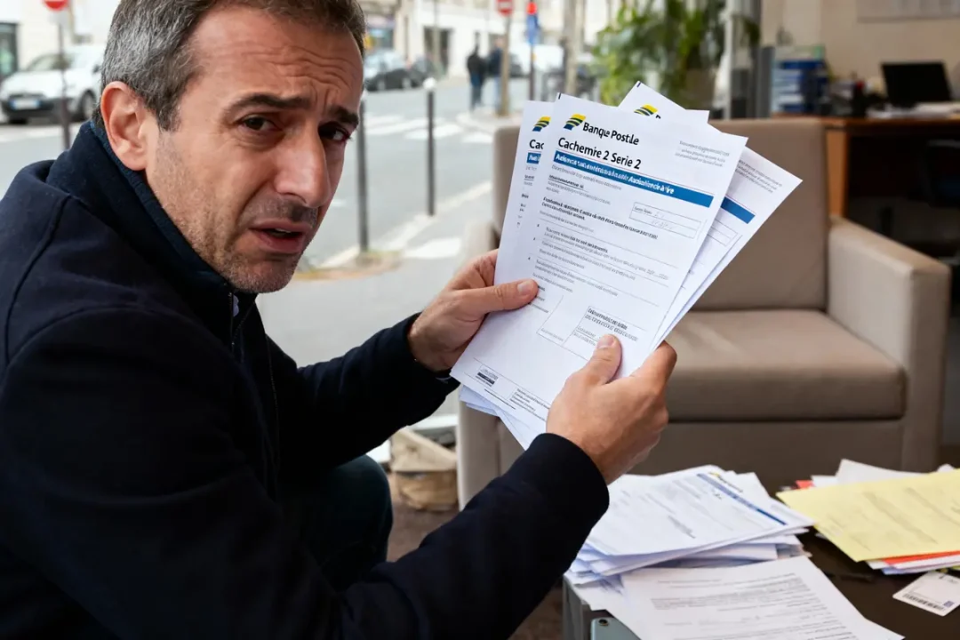 Homme préoccupé examinant des documents administratifs dans un bureau, piles de papiers sur la table devant lui.