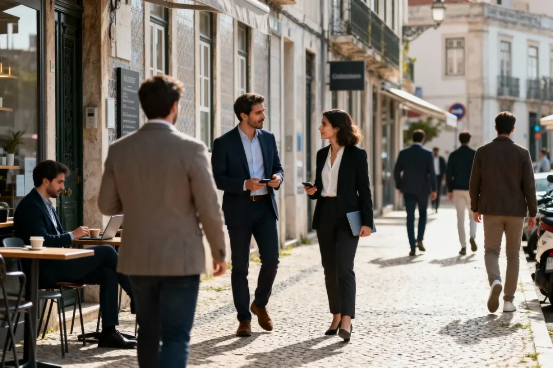 Personnes en tenue professionnelle marchant et discutant dans une rue ensoleillée, avec un café en arrière-plan.
