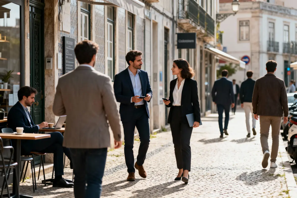 Personnes en tenue professionnelle marchant et discutant dans une rue ensoleillée, avec un café en arrière-plan.