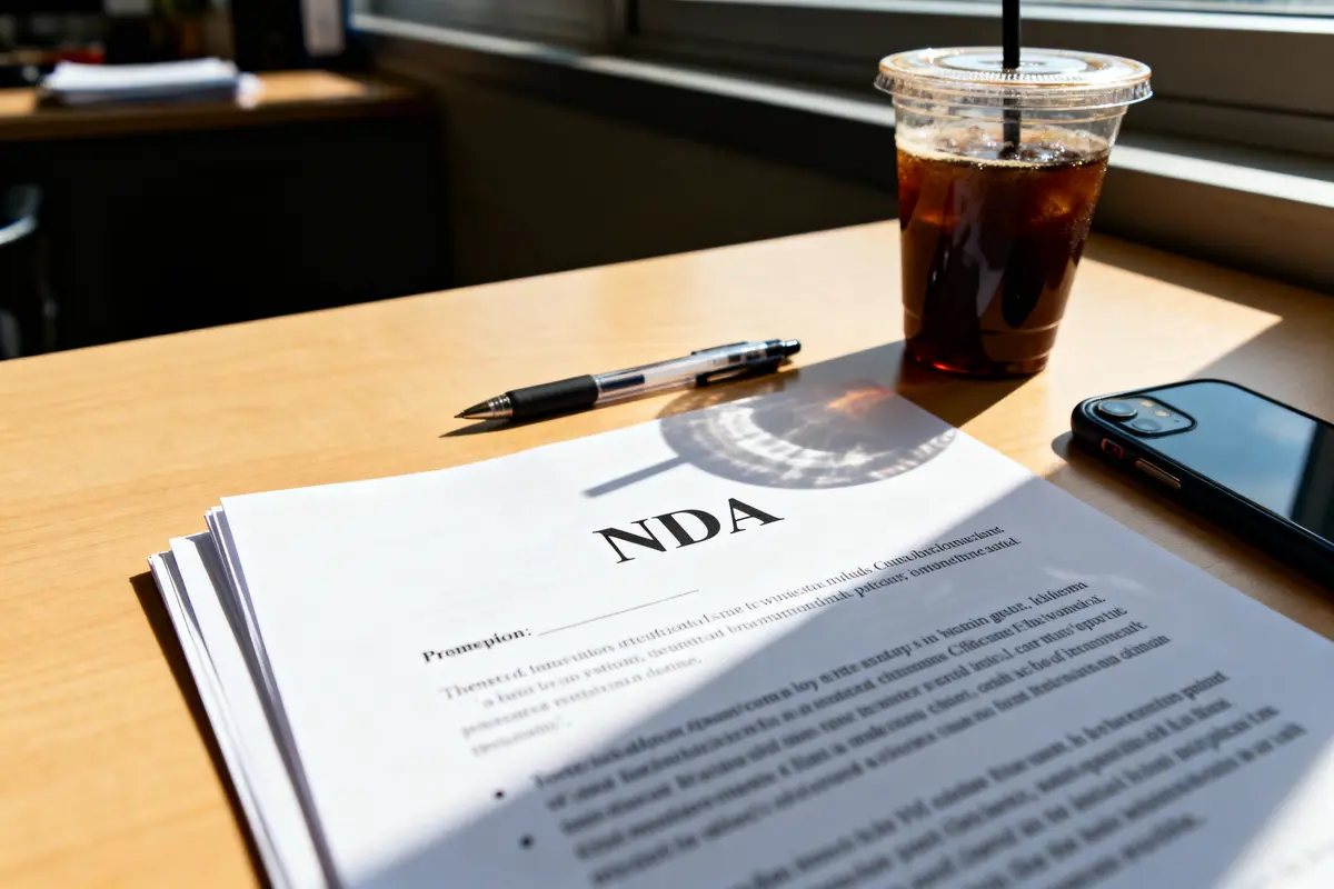 Documents NDA sur table avec stylo, téléphone et boisson glacée sous lumière de soleil.