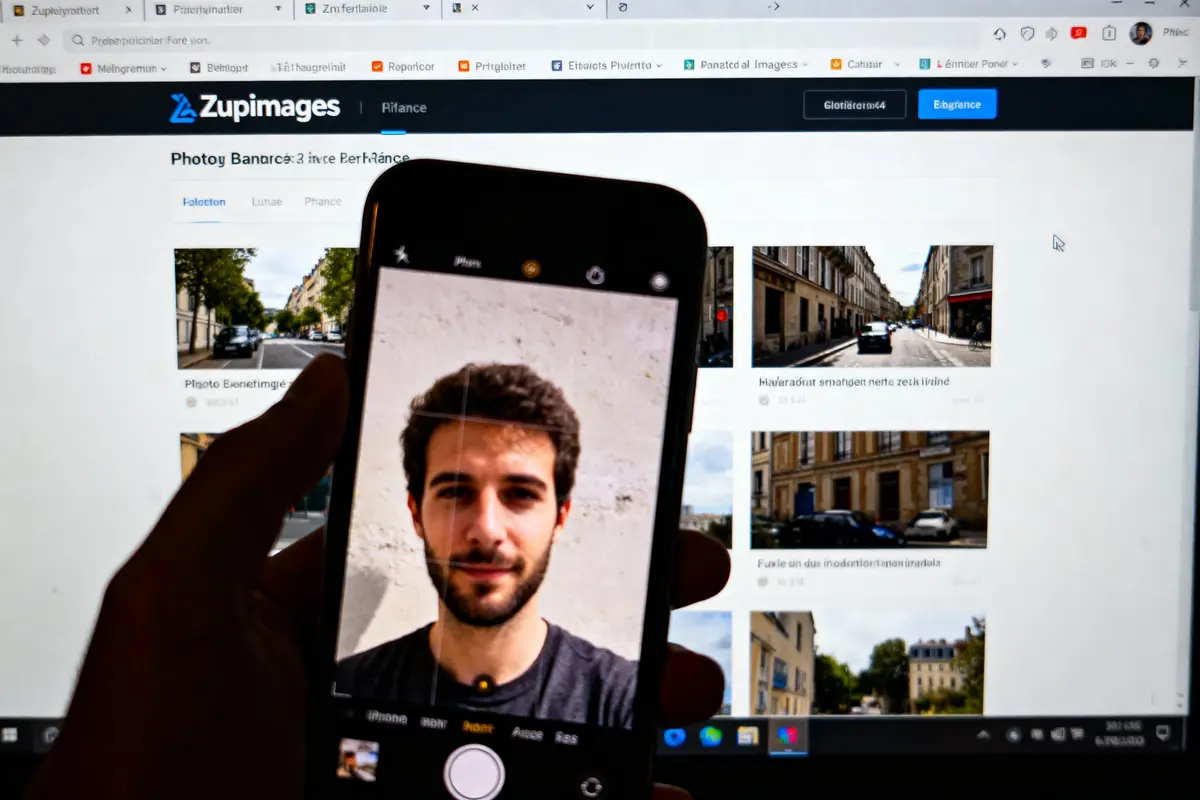 Smartphone affiche photo d'un homme, écran d'ordinateur en arrière-plan avec site de partage d'images.