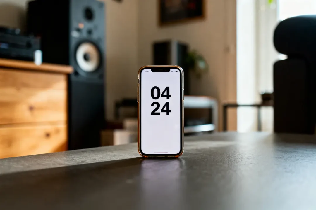 Smartphone affichant 04:24 posé sur une table, intérieur avec meubles et enceinte en arrière-plan.