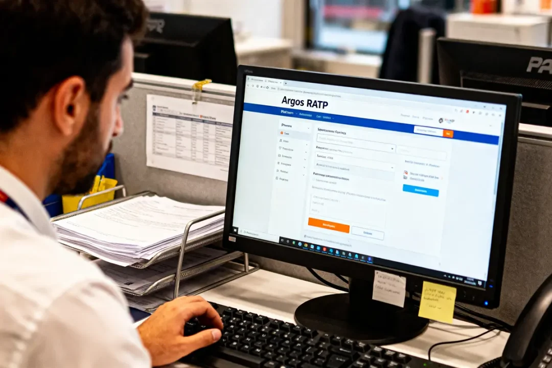 Homme travaillant sur ordinateur avec écran affichant le site Argos RATP dans un bureau.