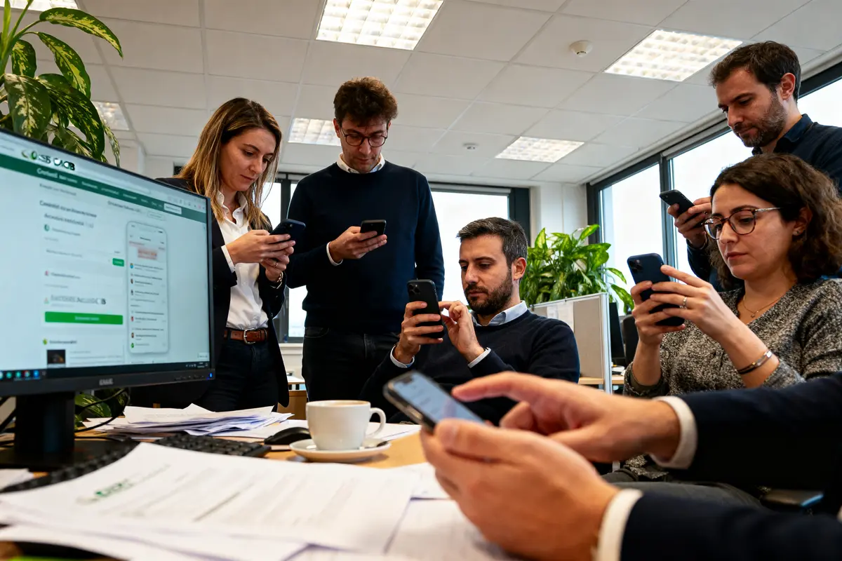 Des personnes dans un bureau, concentrées sur leurs téléphones, entourées de documents et d'un écran d'ordinateur.