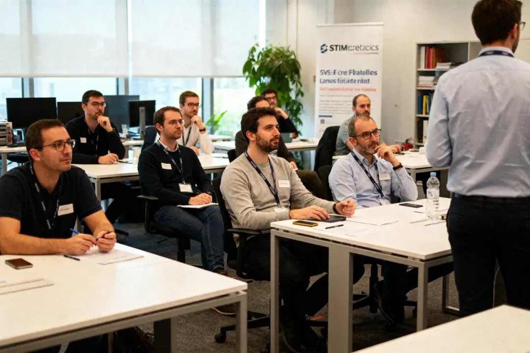 Des personnes assistent attentivement à une présentation dans une salle de réunion moderne.