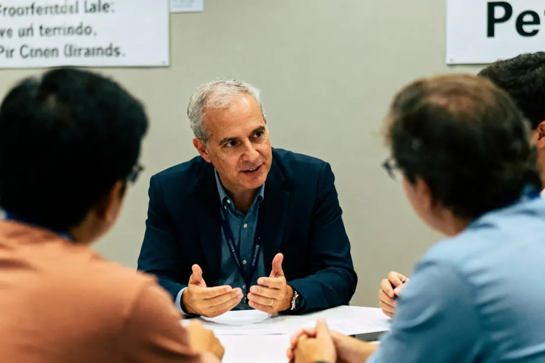 Réunion professionnelle, quatre personnes discutant autour d'une table, homme au centre gesticulant, arrière-plan neutre, pancartes visibles.