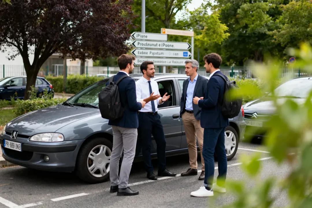 Quatre hommes discutent près d'une voiture grise stationnée, avec des panneaux d'orientation en arrière-plan.