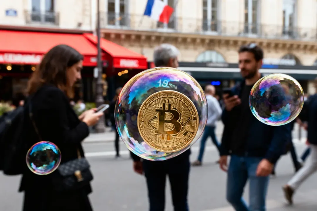 Pièce Bitcoin flottant dans bulles sur rue animée, drapeau français en arrière-plan.