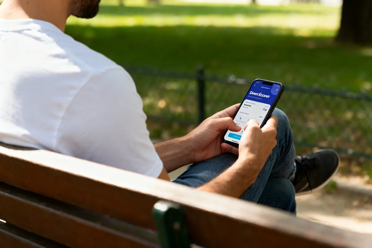 Personne assise sur un banc, utilisant un smartphone avec application bancaire. Parc en arrière-plan.