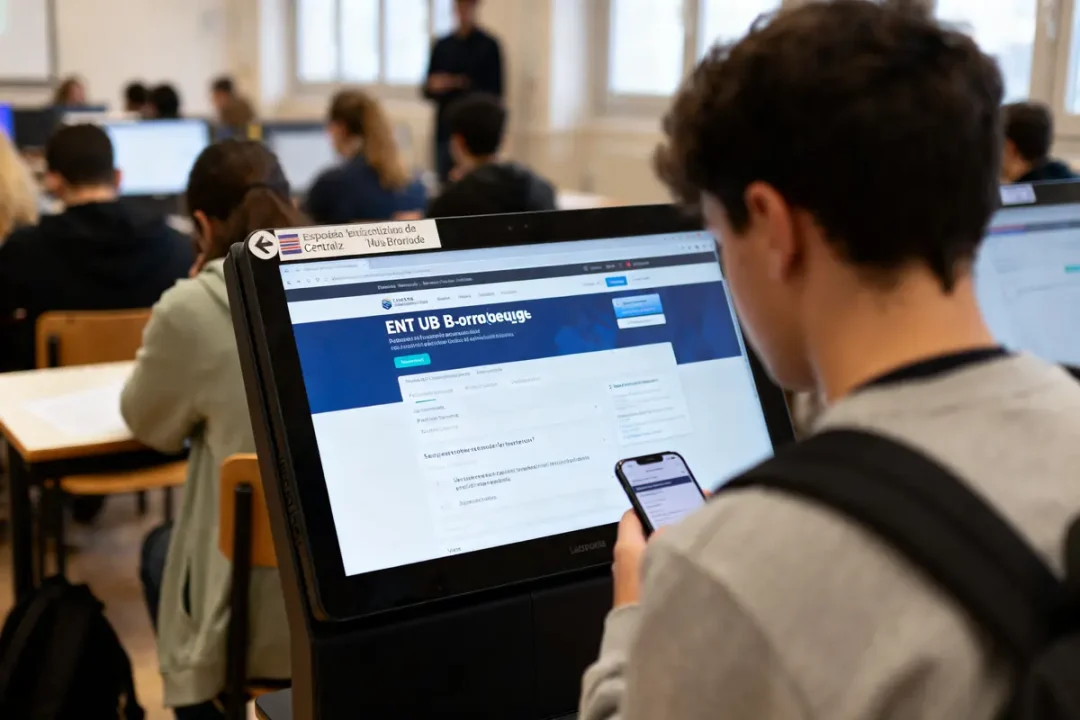 Élève utilisant ordinateur et smartphone dans salle de classe, écran sur ENT Universitaire.