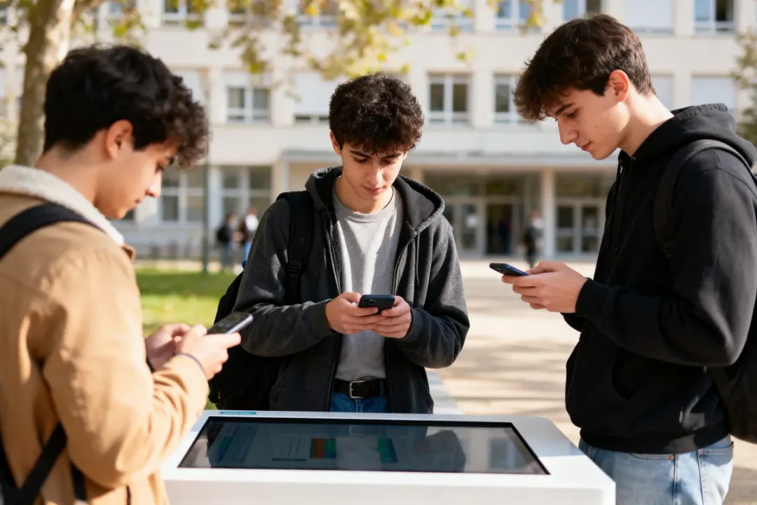Trois jeunes hommes regardant leurs téléphones près d'un écran tactile extérieur, en journée ensoleillée.