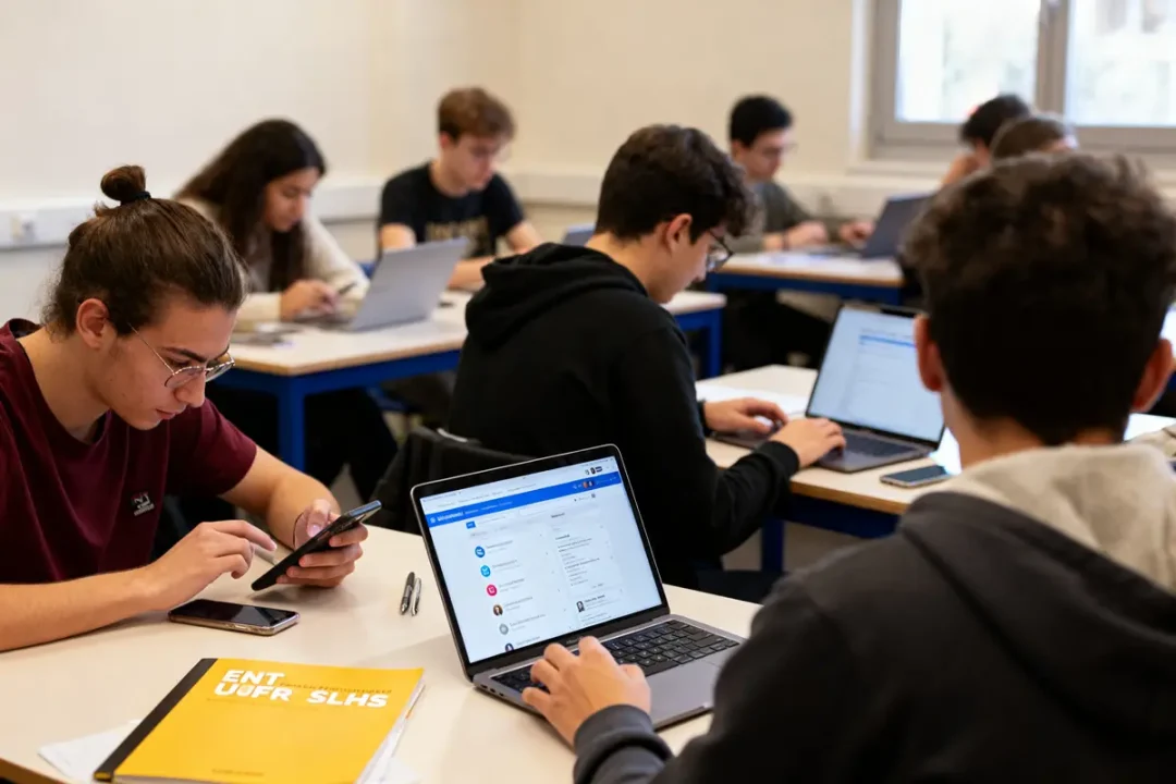 Étudiants en classe travaillent sur ordinateurs portables et smartphones, concentrés sur des tâches académiques et numériques.