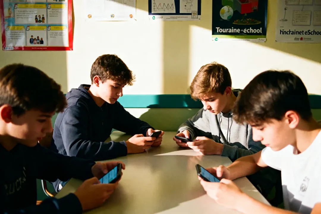 Quatre garçons autour d'une table, utilisant des smartphones dans une salle de classe éclairée par le soleil.