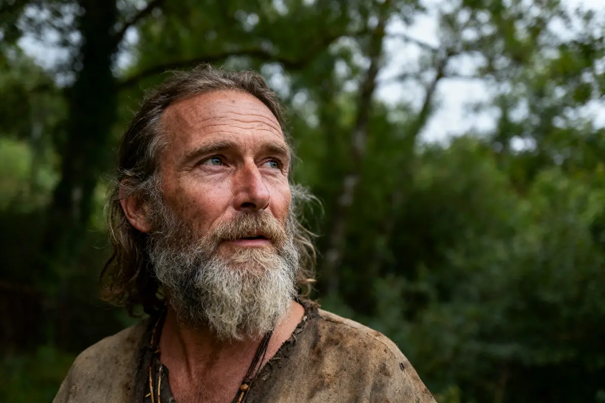 Homme barbu au regard pensif en plein air, devant des arbres verts.