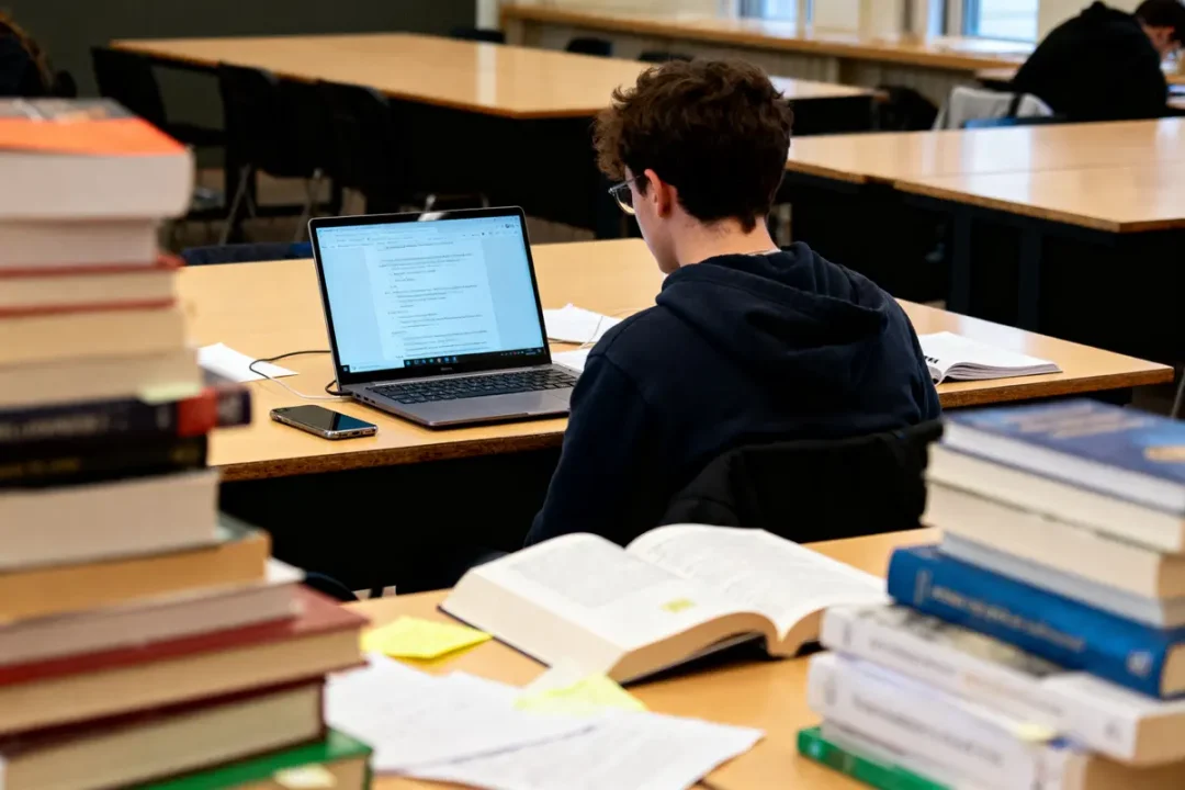 Étudiant travaillant sur ordinateur portable entouré de livres empilés dans une bibliothèque.