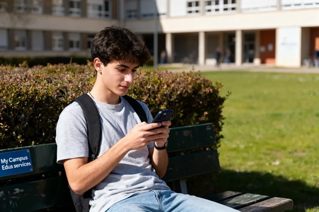 Un jeune homme assis sur un banc regardant son téléphone, dans un campus ensoleillé.