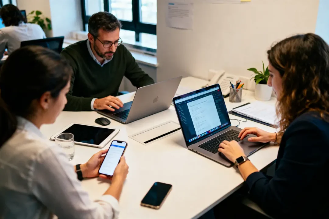 Trois personnes travaillent sur des ordinateurs portables et téléphones dans un bureau moderne et lumineux.