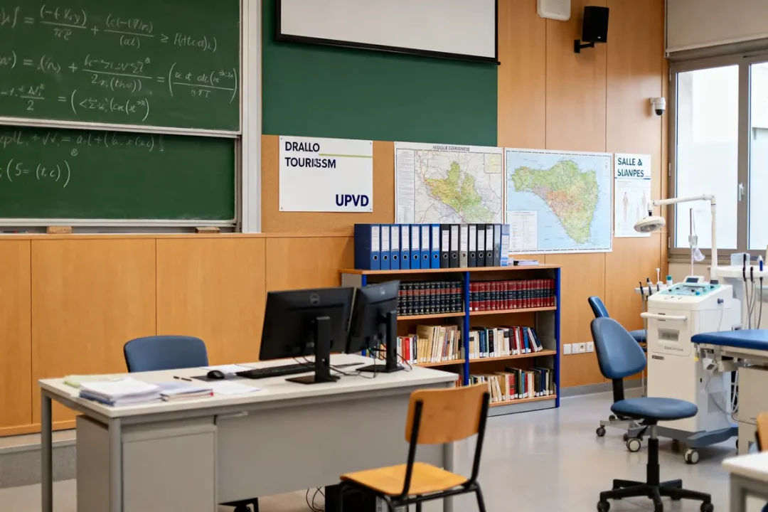 Salle de classe avec tableau, cartes murales, livres, classeur, bureau, chaises et équipement médical.