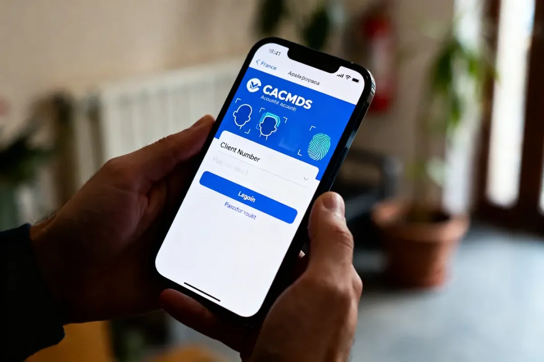Personne tenant un smartphone affichant l'écran de connexion "CACMDS" avec identification biométrique et mot de passe.