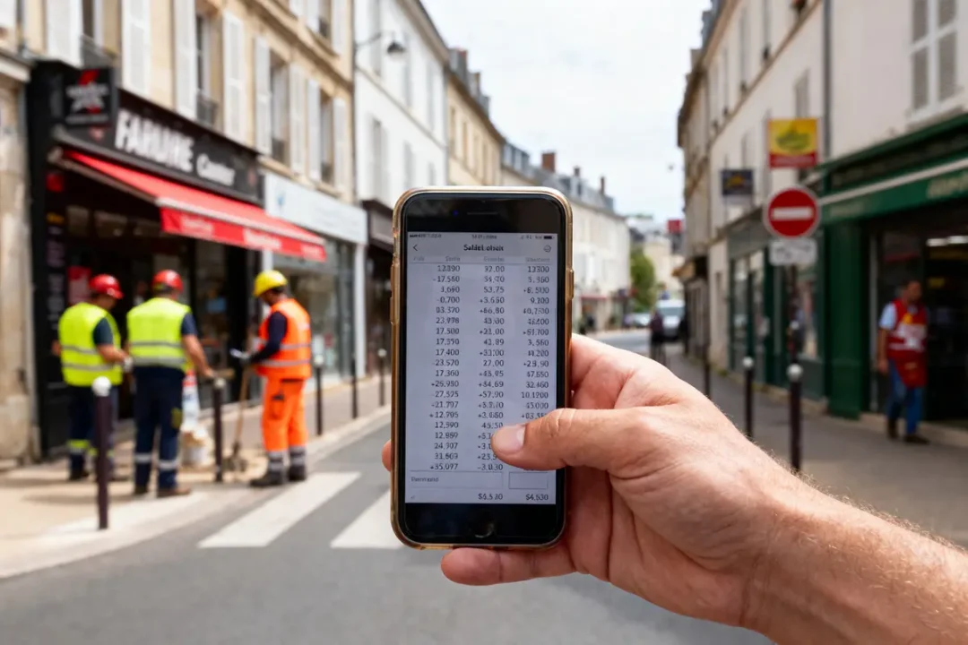 Main tenant un téléphone avec données devant des ouvriers en gilets sur un trottoir urbain.