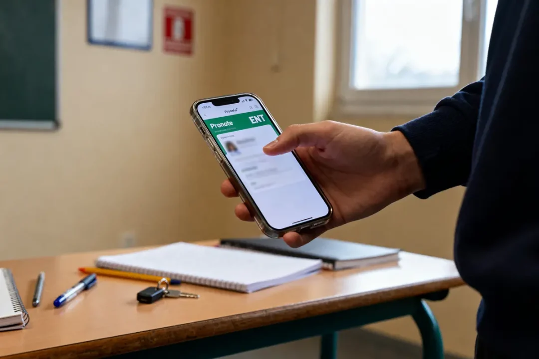 Personne utilisant un smartphone avec l'application Pronote ouverte, bureau avec fournitures scolaires visibles.