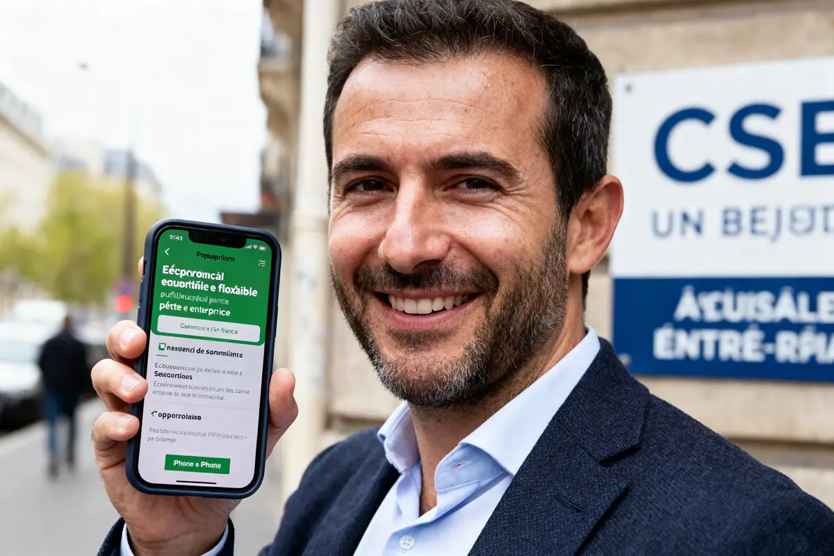 Homme souriant montre un téléphone affichant un écran vert. Panneau "CSE" flou en arrière-plan.