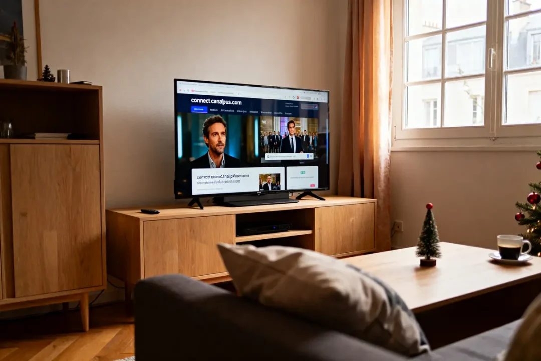 Salon avec télévision allumée, meuble en bois, canapé, table basse, fenêtre et petits sapins décoratifs.