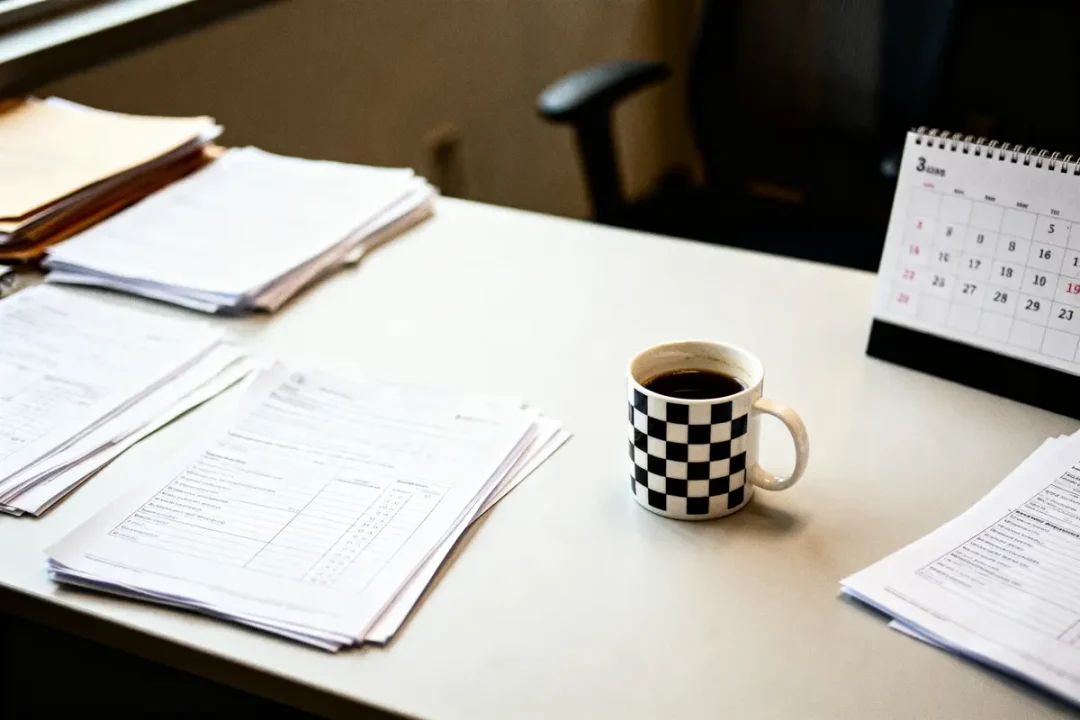 Tasse damier, café, papiers, calendrier, bureau clair, ambiance de travail organisée et minimaliste.