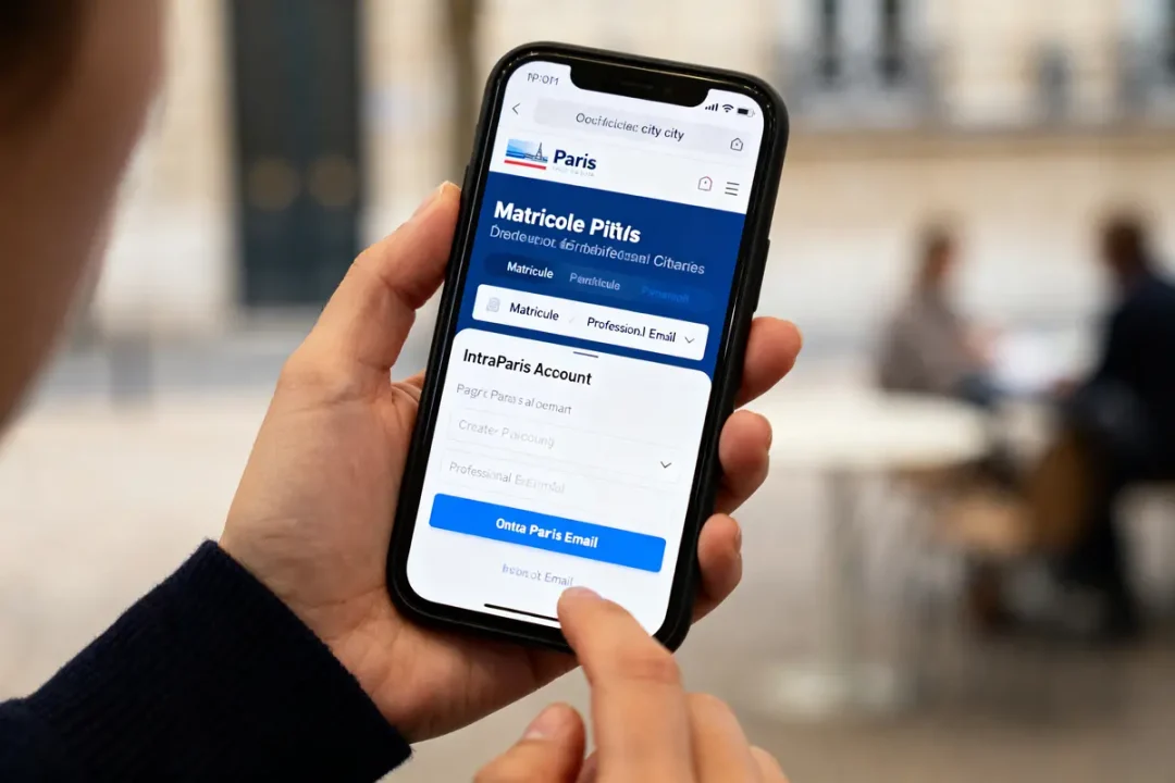 Personne utilisant un smartphone avec application de vérification de matricule Paris en arrière-plan flou.
