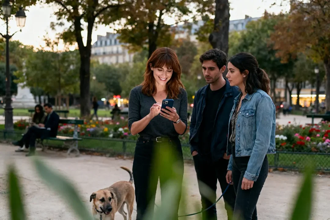 Une femme souriante montre son téléphone à deux personnes dans un parc, avec un chien.